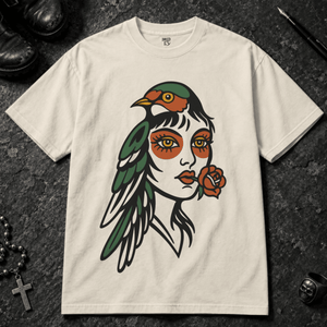Bird Face Tattoo T-shirt - Ivory - S - Inked 13 - Unisex alternative tattoo apparel.