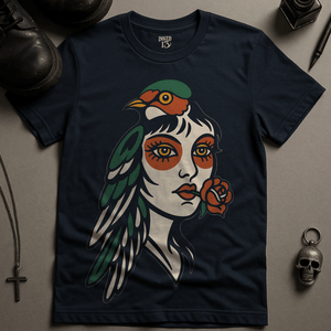 Bird Face Tattoo T-Shirt - Navy - S - Inked 13 Ltd Unisex alternative tattoo apparel