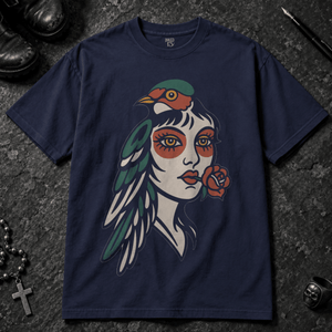 Bird Face Tattoo T-shirt - True Navy - S - Inked 13 - Unisex alternative tattoo apparel.