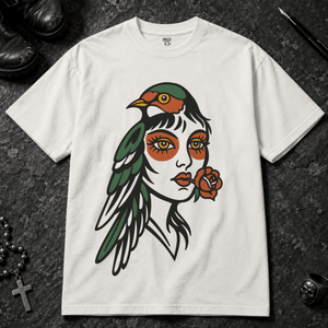Bird Face Tattoo T-shirt - White - S - Inked 13 - Unisex alternative tattoo apparel.