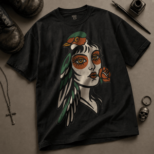 Bird Woman Tattoo Heavyweight T-shirt - Black - S - Inked 13 Ltd Unisex alternative tattoo apparel