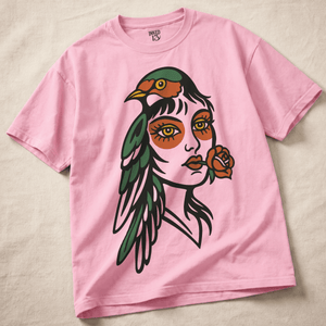 Bird Woman Tattoo Heavyweight T-shirt - Blossom - XL - Inked 13 Ltd Unisex alternative tattoo apparel