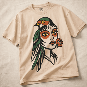 Bird Woman Tattoo Heavyweight T-shirt - Ivory - XL - Inked 13 Ltd Unisex alternative tattoo apparel