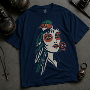 Bird Woman Tattoo Heavyweight T-shirt - True Navy - S - Inked 13 Ltd Unisex alternative tattoo apparel