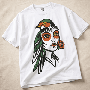Bird Woman Tattoo Heavyweight T-shirt - White - S - Inked 13 Ltd Unisex alternative tattoo apparel