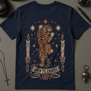 Born To Endure Tiger T-Shirt - Navy - S - Inked 13 Ltd Unisex alternative tattoo apparel