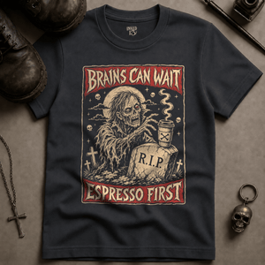 Brains Can Wait T-shirt - Graphite - S - Inked 13 Ltd Unisex alternative tattoo apparel