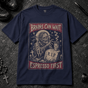 Brains Can Wait T-shirt - Graphite - S - Inked 13 - Unisex alternative tattoo apparel.