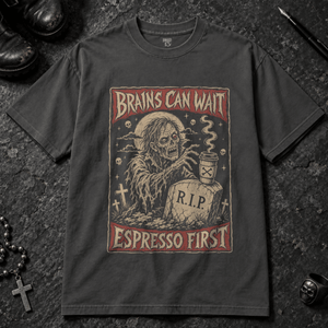 Brains Can Wait T-shirt - Graphite - S - Inked 13 - Unisex alternative tattoo apparel.