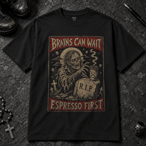 Brains Can Wait T-shirt - Graphite - S - Inked 13 - Unisex alternative tattoo apparel.