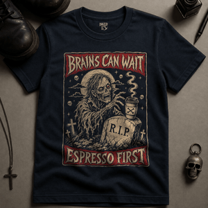 Brains Can Wait T-shirt - True Navy - S - Inked 13 Ltd Unisex alternative tattoo apparel