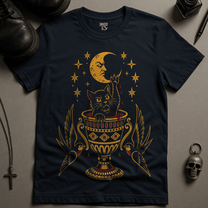 Cat Chalice T-Shirt - Navy - S - Inked 13 Ltd Unisex alternative tattoo apparel