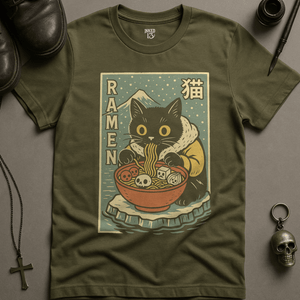 Cat Ramen Antarctic T-Shirt - Military Green - S - Inked 13 Ltd