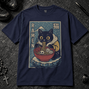 Cat Ramen Antarctic T-shirt - True Navy - S - Inked 13 - Unisex alternative tattoo apparel.