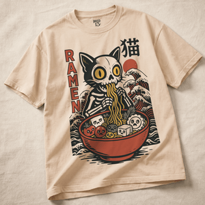 Cat Ramen Heavyweight T-shirt - Ivory - L - Inked 13 Ltd Unisex alternative tattoo apparel