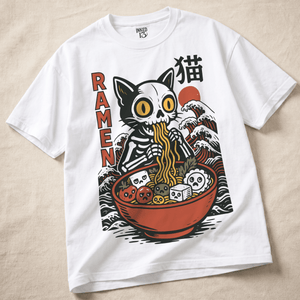 Cat Ramen Heavyweight T-shirt - White - S - Inked 13 Ltd Unisex alternative tattoo apparel