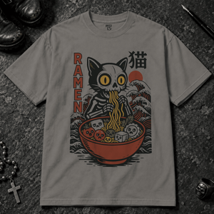 Cat Ramen T-shirt - Grey - S - Inked 13 - Unisex alternative tattoo apparel.