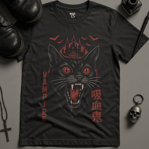 Cat Vampire Japanese T-Shirt - Dark Grey - S - Inked 13 Ltd
