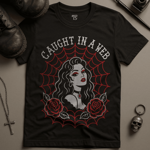 Caught In A Web T-Shirt - Black - S - Inked 13 Ltd Unisex alternative tattoo apparel
