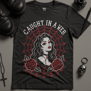 Caught In A Web T-Shirt - Dark Grey - S - Inked 13 Ltd Unisex alternative tattoo apparel