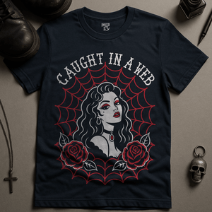 Caught In A Web T-Shirt - Navy - S - Inked 13 Ltd Unisex alternative tattoo apparel