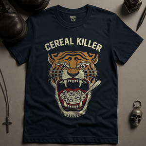 Cereal Killer Tiger T-Shirt - Navy - S - Inked 13 Ltd Unisex alternative tattoo apparel