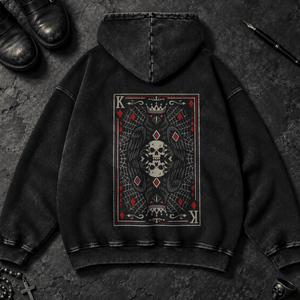Crow King of Diamonds Washed Hoodie - Black Beauty - S - Inked 13 - Unisex alternative tattoo apparel.