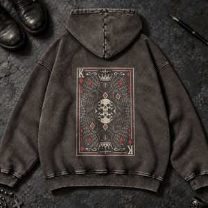 Crow King of Diamonds Washed Hoodie - Dark Gray - S - Inked 13 - Unisex alternative tattoo apparel.