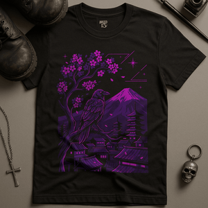 Crow Neon Japanese City T-Shirt - Black - S - Inked 13 Ltd Unisex alternative tattoo apparel
