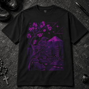 Crow Neon Japanese City T-Shirt - Black - S - Inked 13 - Unisex alternative tattoo apparel.