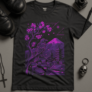 Crow Neon Japanese City T-Shirt - Dark Grey - S - Inked 13 Ltd Unisex alternative tattoo apparel