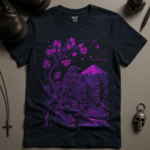 Crow Neon Japanese City T-Shirt - Navy - S - Inked 13 Ltd Unisex alternative tattoo apparel