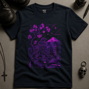 Crow Neon Japanese City T-Shirt (New Style) - True Navy - S - Inked 13 Ltd Unisex alternative tattoo apparel