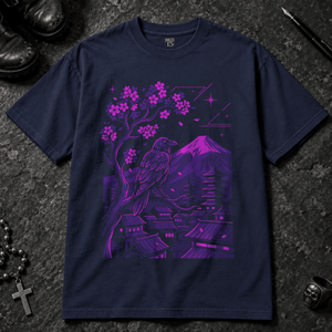 Crow Neon Japanese City T-Shirt - True Navy - S - Inked 13 - Unisex alternative tattoo apparel.