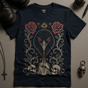 Crow Occult Design T-Shirt - Navy - S - Inked 13 Ltd Unisex alternative tattoo apparel