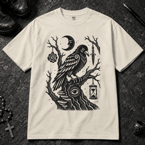 Crow Occult Tree T-shirt - Ivory - S - Inked 13 - Unisex alternative tattoo apparel.