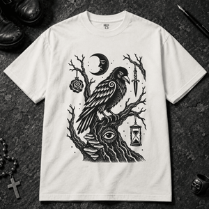 Crow Occult Tree T-shirt - White - S - Inked 13 - Unisex alternative tattoo apparel.