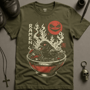 Crow Ramen Bowl T-Shirt - Military Green - S - Inked 13 Ltd Unisex alternative tattoo apparel