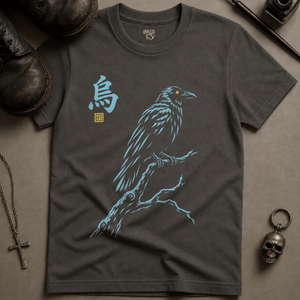 Darkness Japanese Crow T-shirt - Pepper - S - Inked 13 Ltd Unisex alternative tattoo apparel