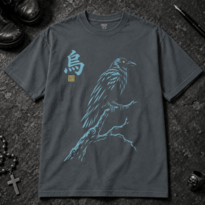 Darkness Japanese Crow T-shirt - Pepper - S - Inked 13 - Unisex alternative tattoo apparel.
