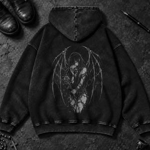 Devil Winged Lover Washed Hoodie - Black Beauty - S - Inked 13 Ltd Unisex alternative tattoo apparel