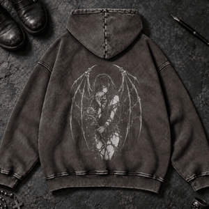 Devil Winged Lover Washed Hoodie - Dark Gray - S - Inked 13 Ltd Unisex alternative tattoo apparel