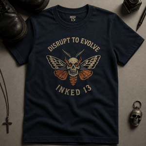 Disrupt To Evolve T-shirt (New Style) - True Navy - S - Inked 13 Ltd Unisex alternative tattoo apparel