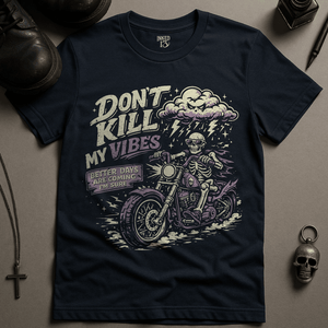 Don't Kill My Vibes Bike T-Shirt - Navy - S - Inked 13 Ltd Unisex alternative tattoo apparel