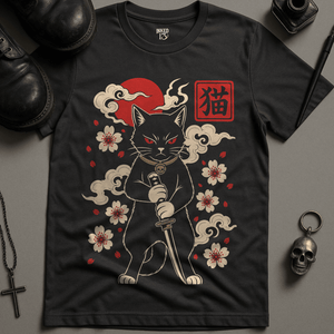 Fierce Japanese Cat T-Shirt - Dark Grey - S - Inked 13 Ltd Unisex alternative tattoo apparel