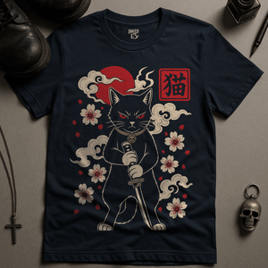 Fierce Japanese Cat T-Shirt - Navy - S - Inked 13 Ltd Unisex alternative tattoo apparel