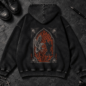 Fiery Panther Eagle Washed Hoodie - Black Beauty - S - Inked 13 Ltd Unisex alternative tattoo apparel