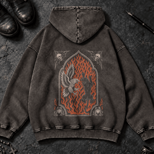 Fiery Panther Eagle Washed Hoodie - Dark Gray - S - Inked 13 - Unisex alternative tattoo apparel.
