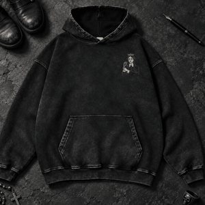Fiery Queen of Hearts Washed Hoodie - Black Beauty - S - Inked 13 - Unisex alternative tattoo apparel.