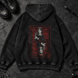Fiery Queen of Hearts Washed Hoodie - Black Beauty - S - Inked 13 - Unisex alternative tattoo apparel.